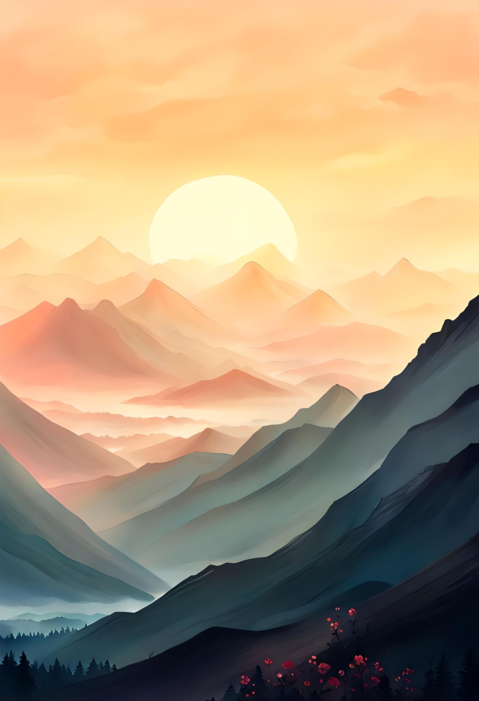 Peaceful Mountain Range in Digital Painting