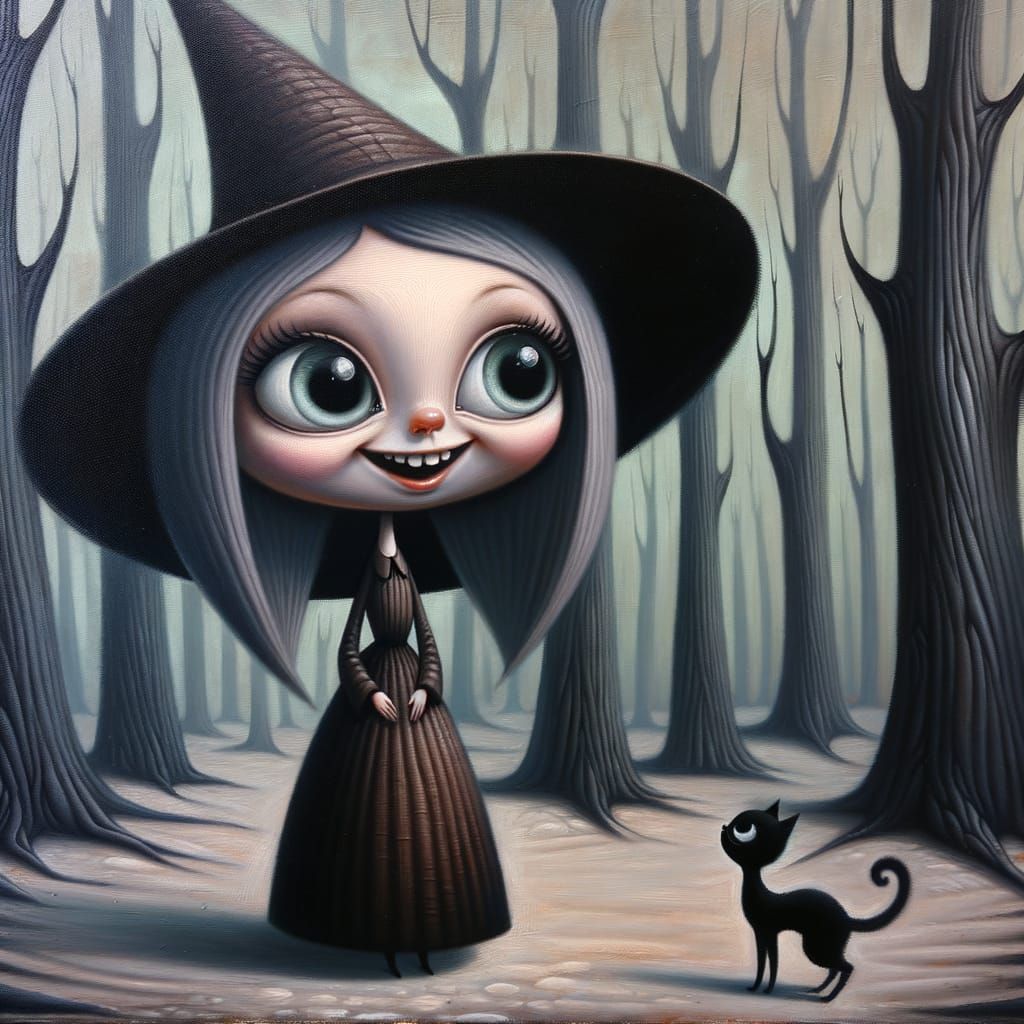 Whimsical Witch in Surreal Forest Painting