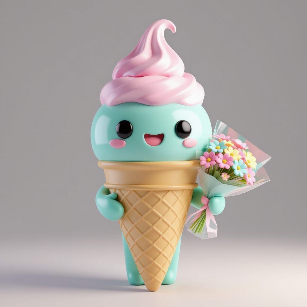 Cute Kawaii Ice Cream Cone Character with Flowers