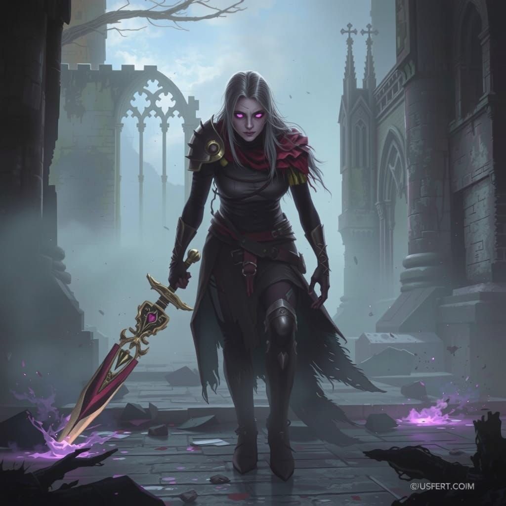 Battle-Scarred Drow Warrior in Gothic Ruins, Dark Fantasy Ar...