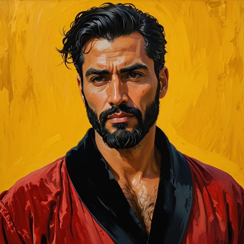 Handsome Man in Red Robe, Impasto Gouache Style