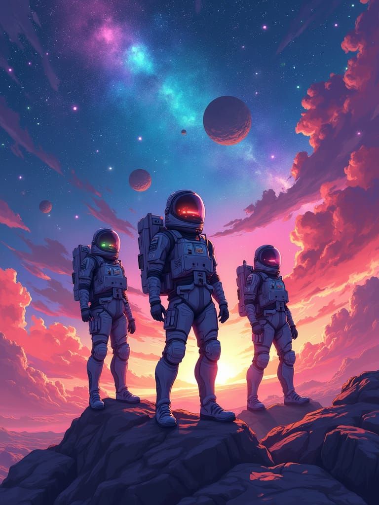 Heroic Space Explorers in a Vibrant Galactic Landscape