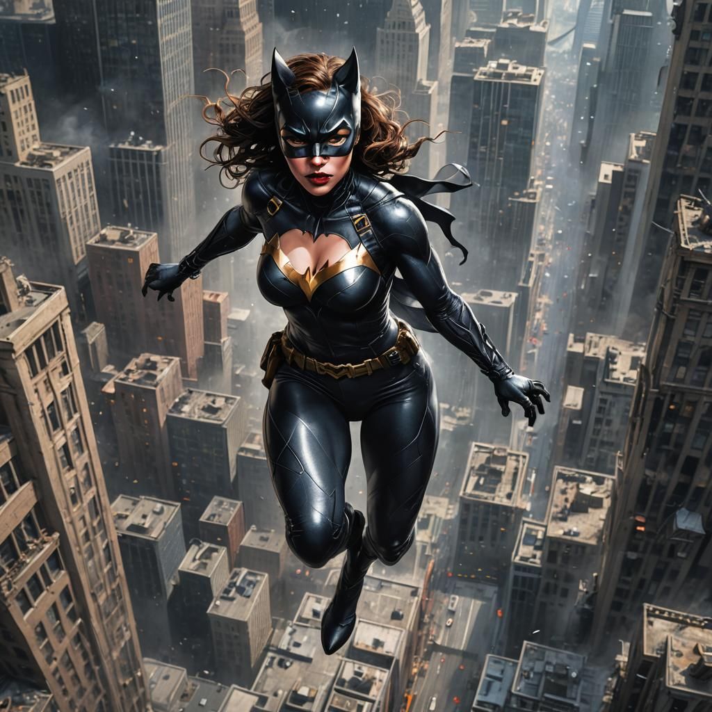 Catwoman Jumps from Gotham Skyscraper in Comic Style