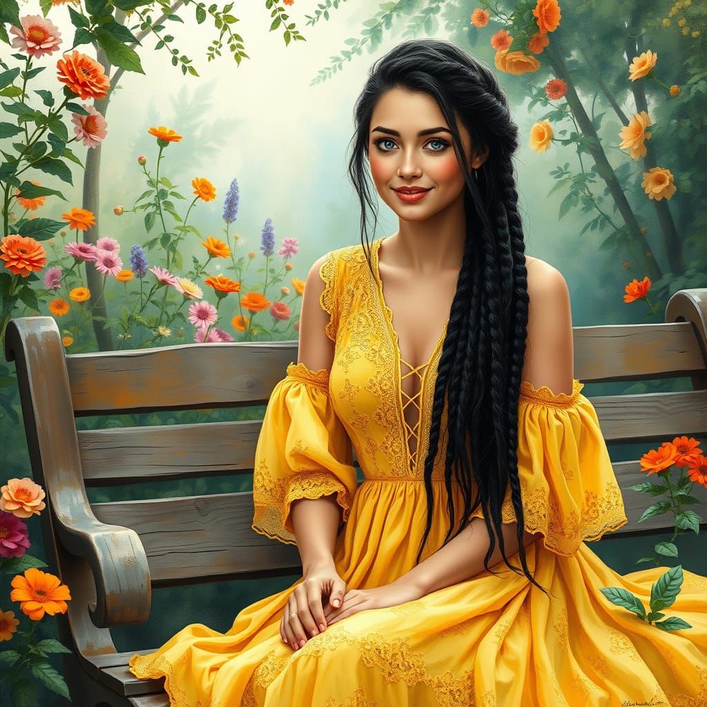 Woman in Garden, Impressionist Gouache and Watercolor Style