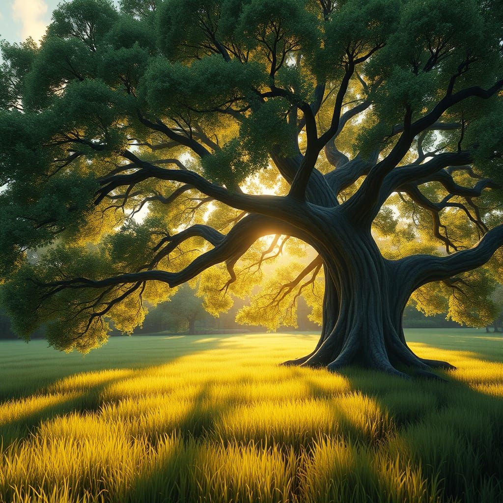 Majestic Tree in Sunlit Meadow: Fantasy Concept Art