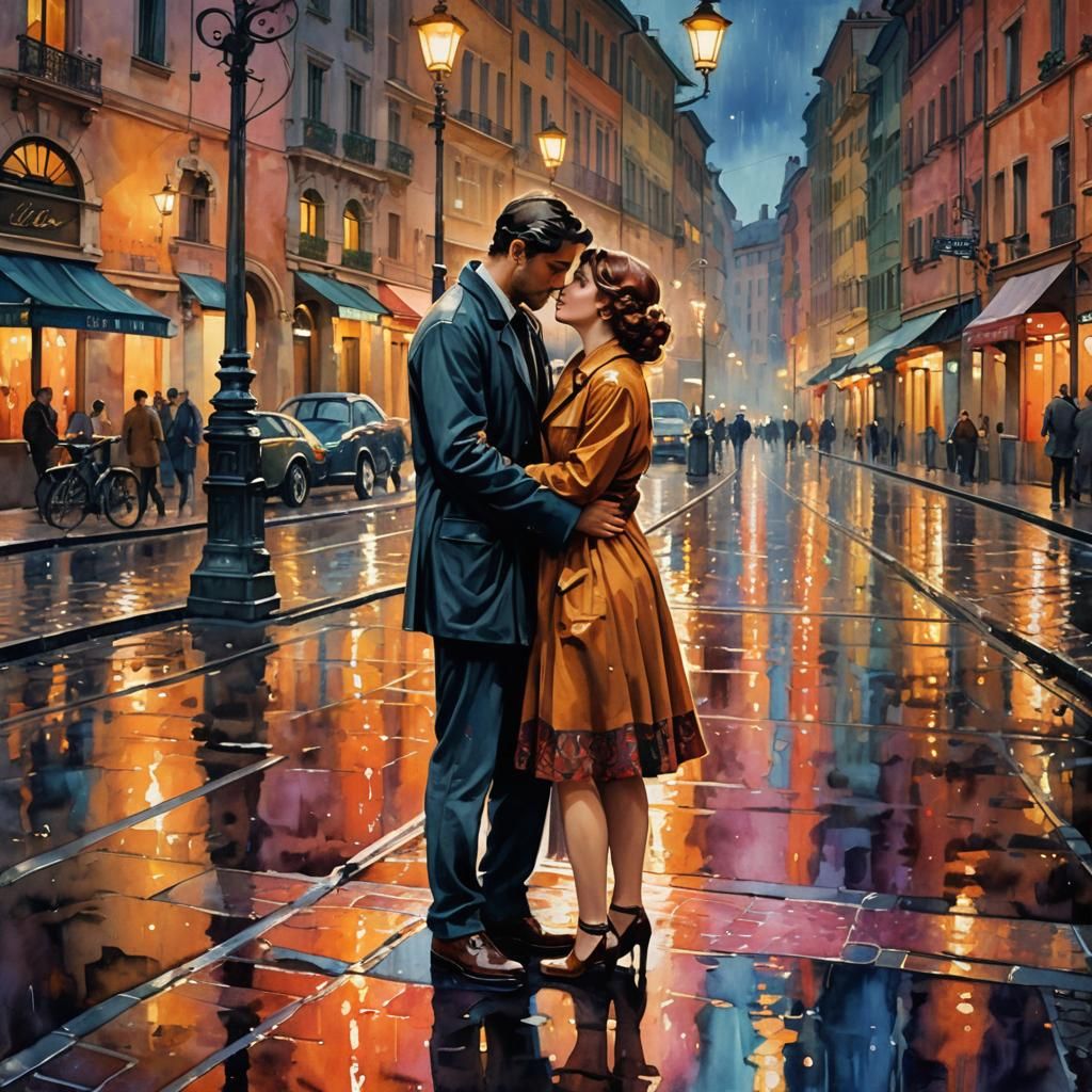 Romantic Couple in Rainy Rome: Watercolor Art Deco Painting
