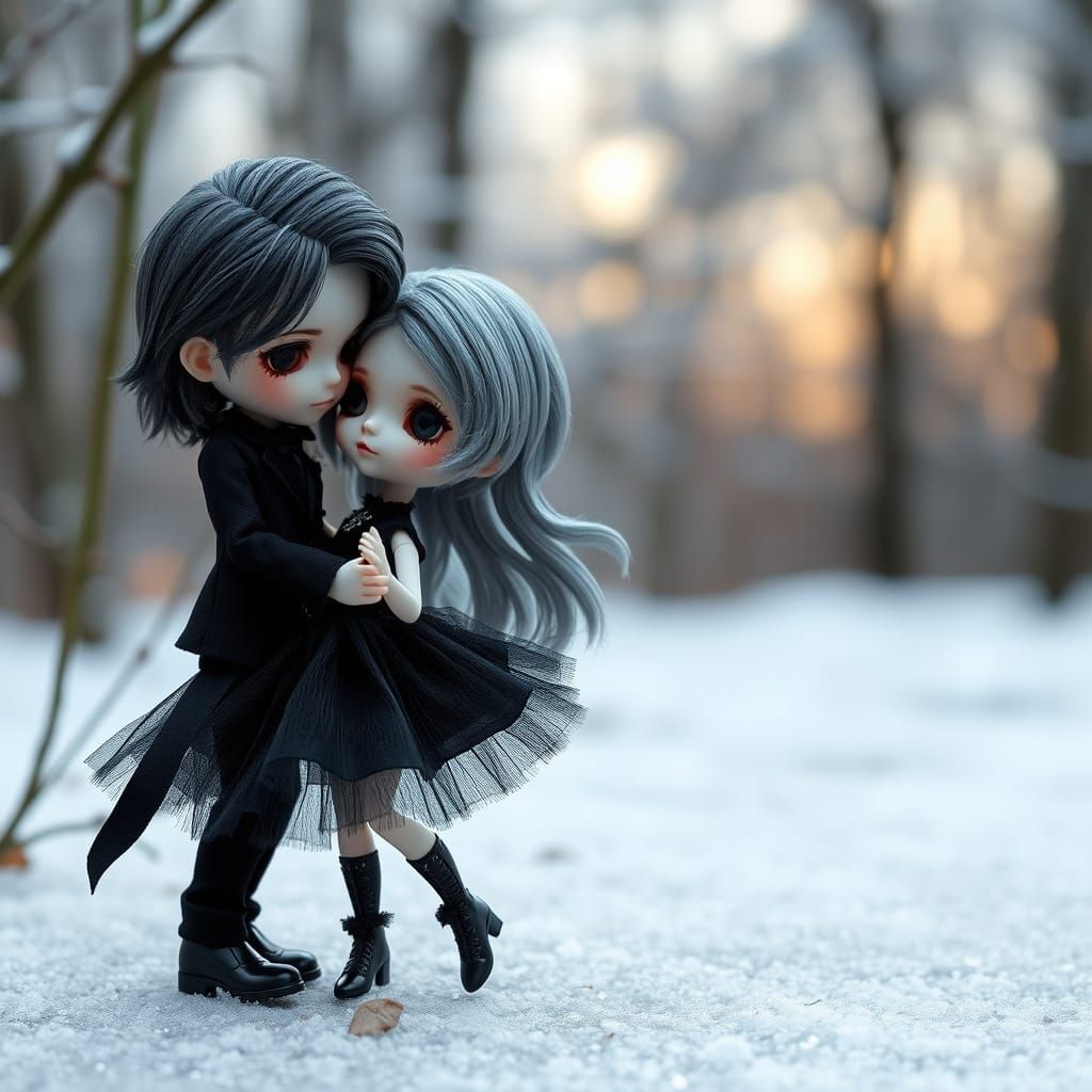 Ethereal Gothic Chibi Couple Dances in Frozen Nature