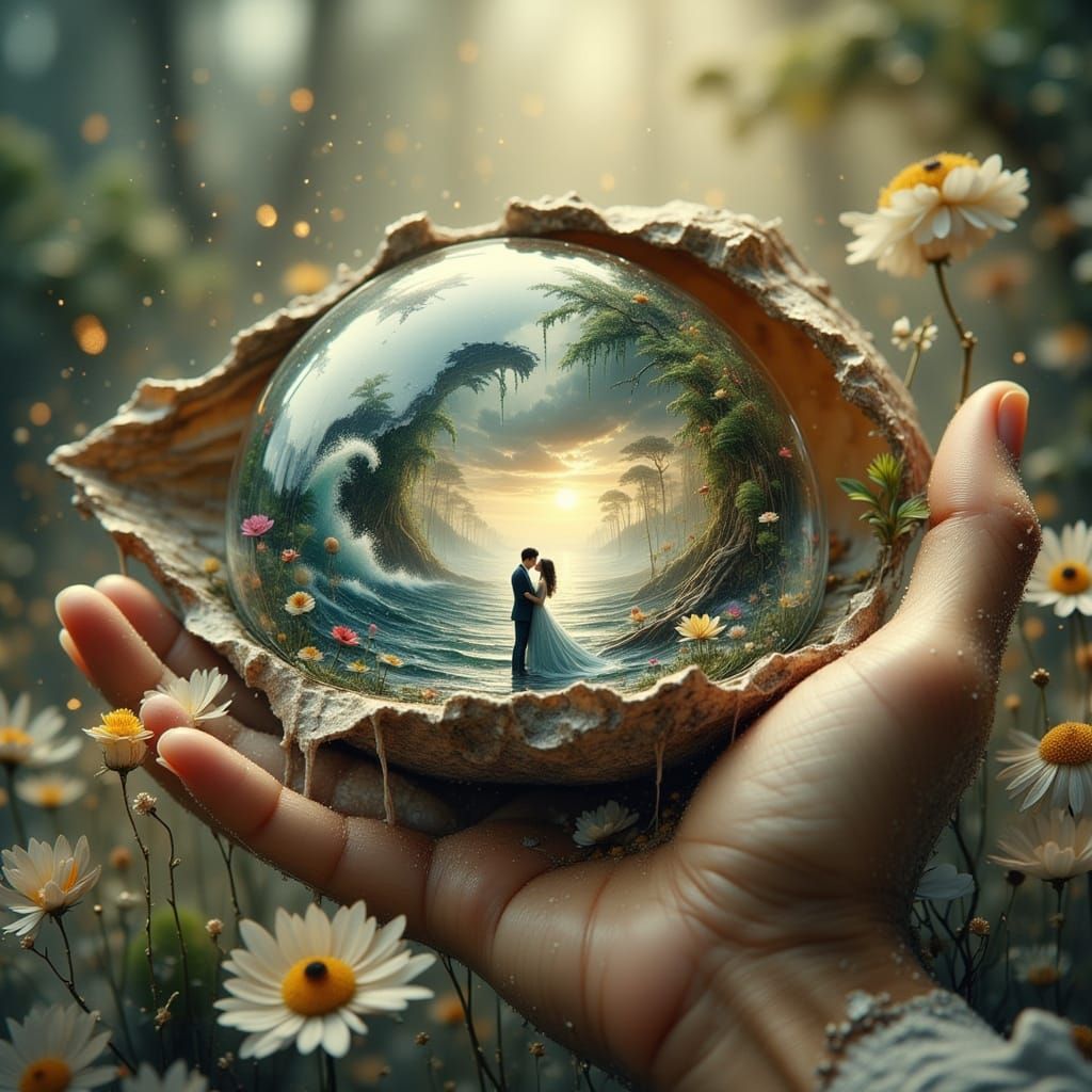 Love in a Seashell Diorama: Intimate Kiss Under Cinematic Li...