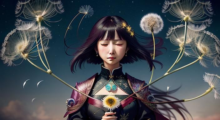 Woman and Dandelion in Wind, Fairytale Art
