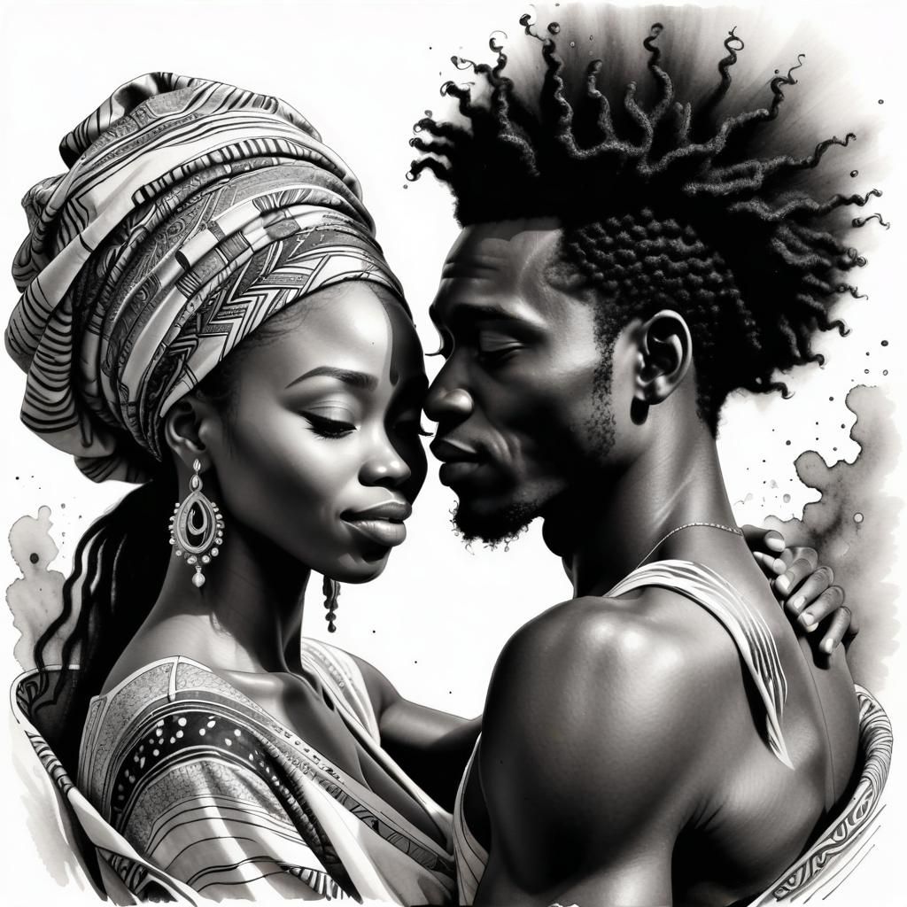 Detailed Ink Drawing of African Couple in Love