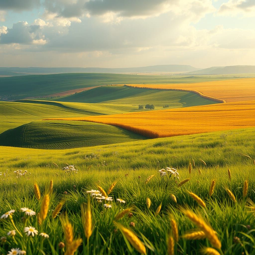 Lush Rural Landscape Unfolds with Emerald Pastures and Sun-K...