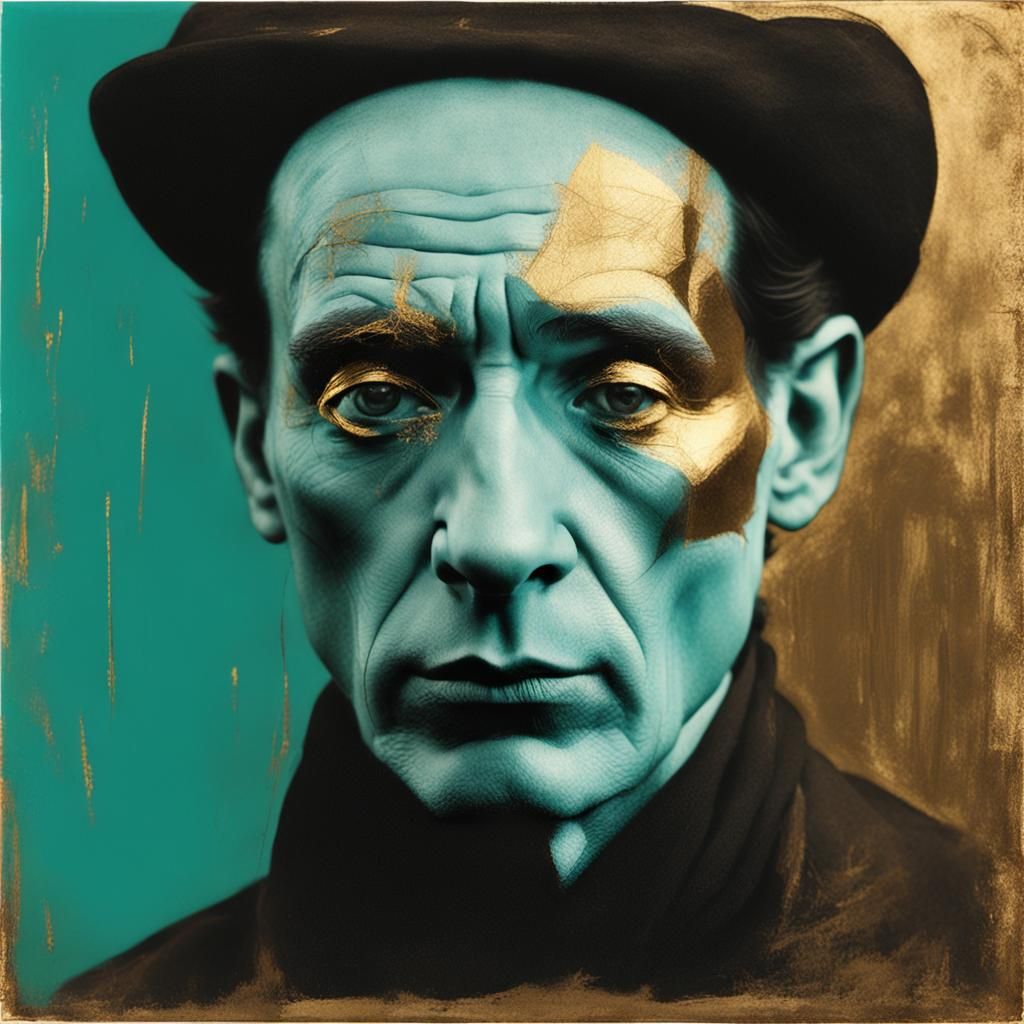 Sad Parisian Mime: Charcoal Scribbles in Aqua and Gold