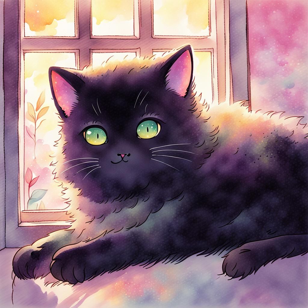 Whimsical Anime Cat with Green Eyes
