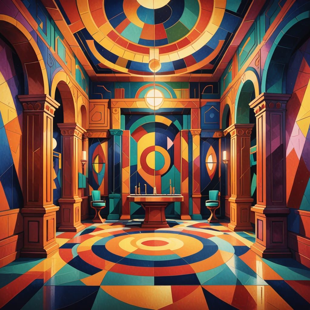 Sacred Cubist Chamber with Twin Thrones