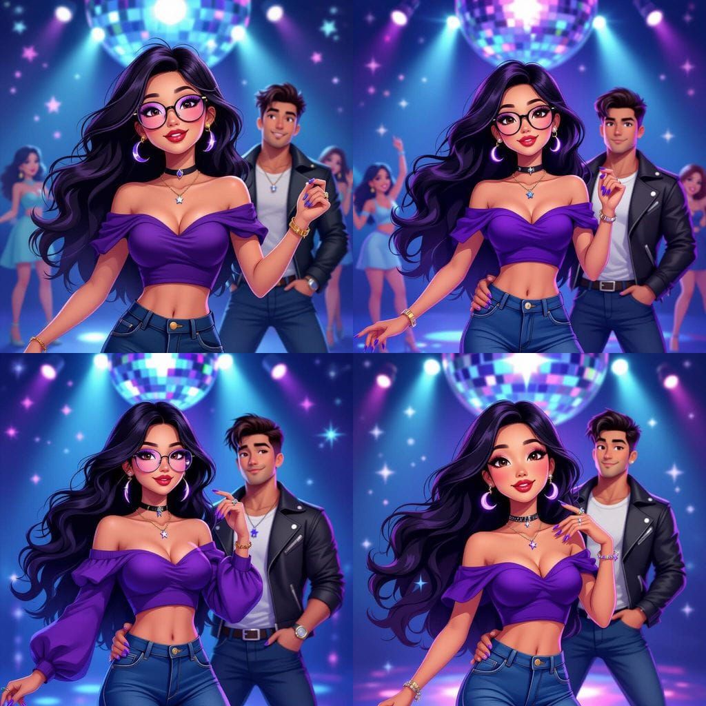 Animated Asian Woman Dancing Under Disco Ball