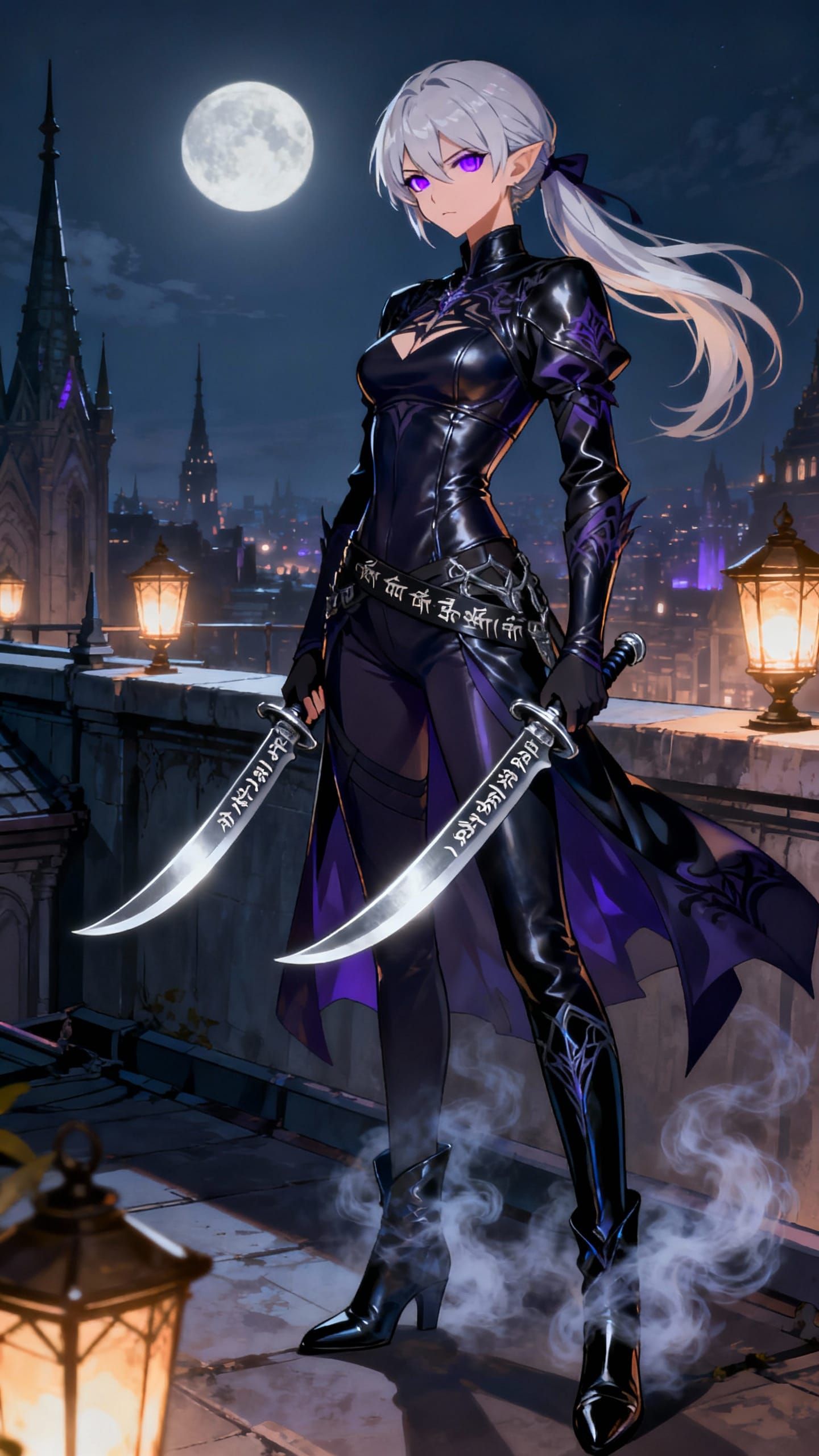 Elven Rogue in Moonlit Fantasy City, Anime Style