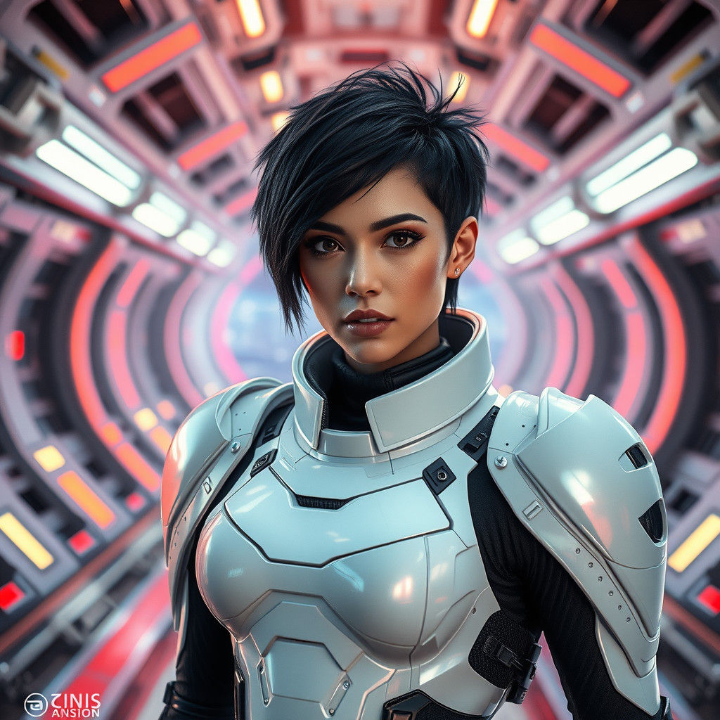 Woman in Sci-Fi Armor on Space Station