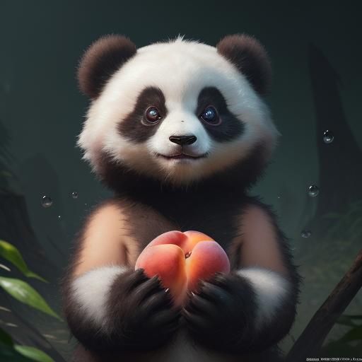 Cute Fuzzy Panda Awaits Peaches in Detailed Painting