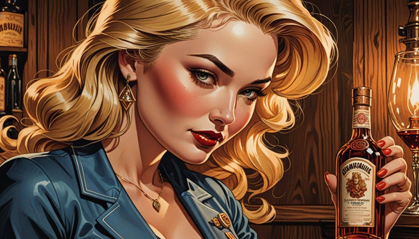 Blonde Pin-Up Girl with Cognac in Comic Book Style