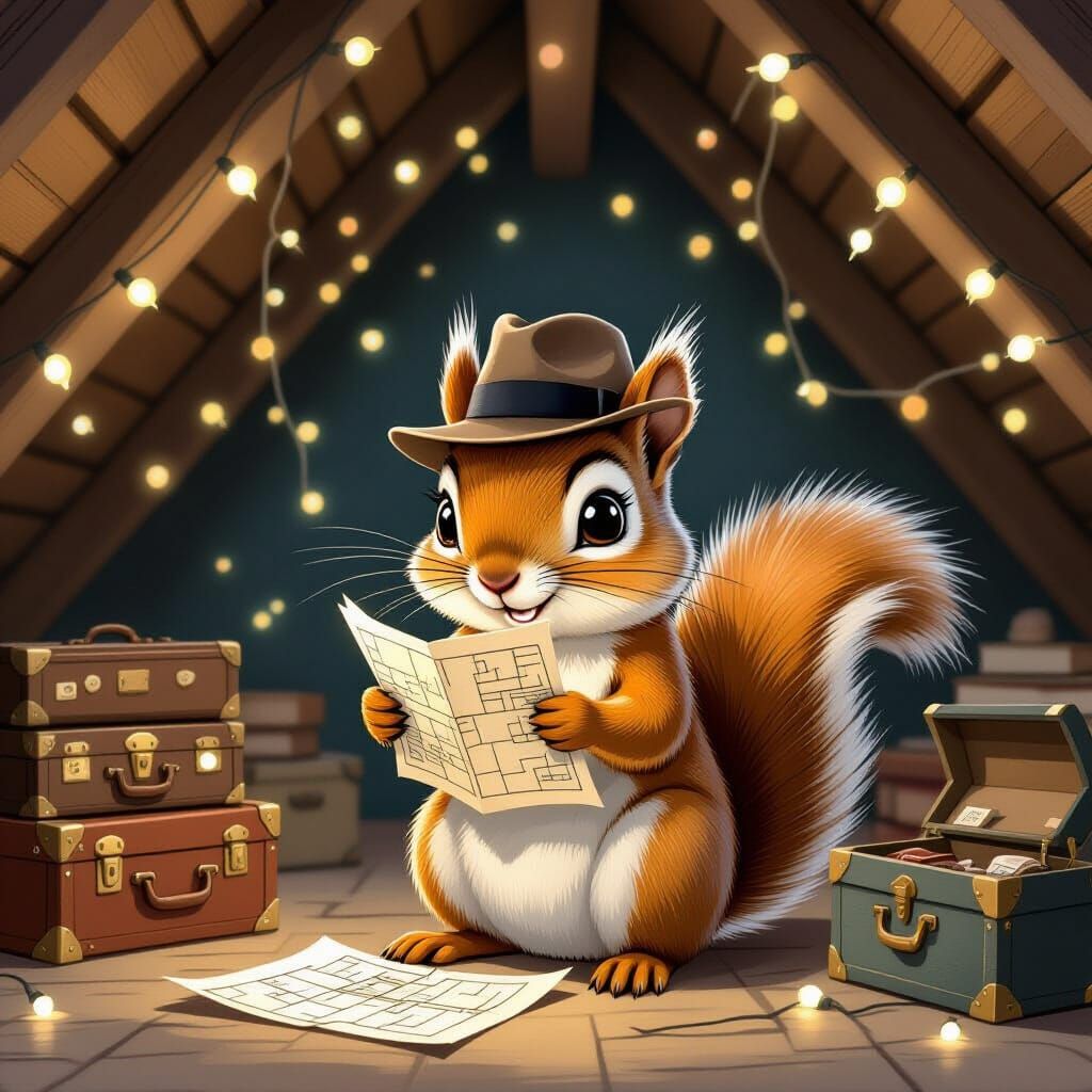 Squirrel Plotting Scheme in Attic, Whimsical Art