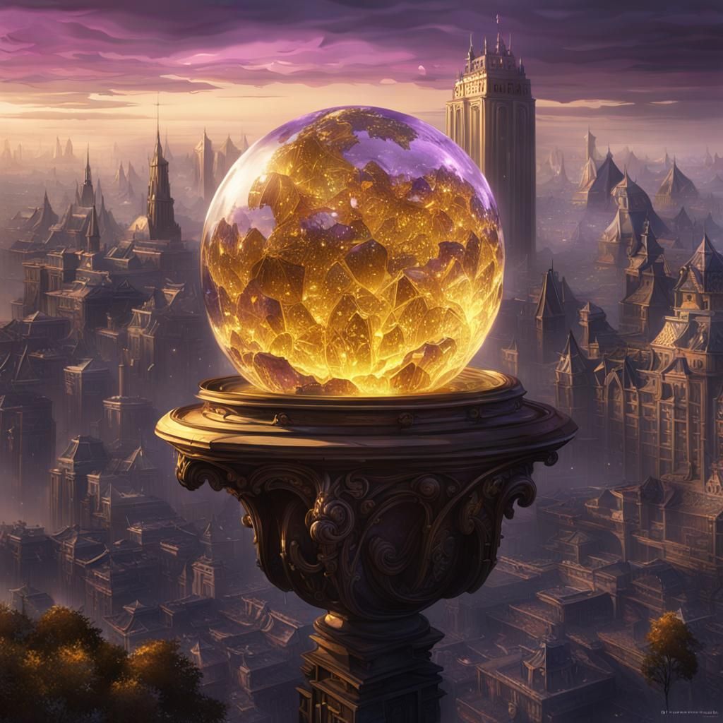 Demon with Crystal Ball City: Dark Fantasy Art