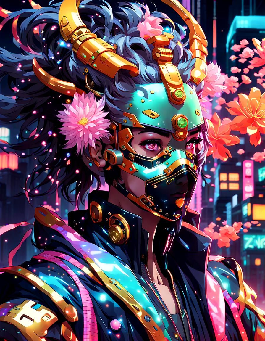 Cyberpunk Anime Character with Venetian Mask in Neon City