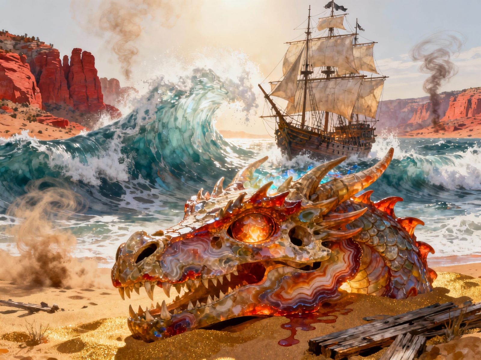 Fire Agate Dragon Skull Erupts Ocean onto Pirate Ship in Sed...