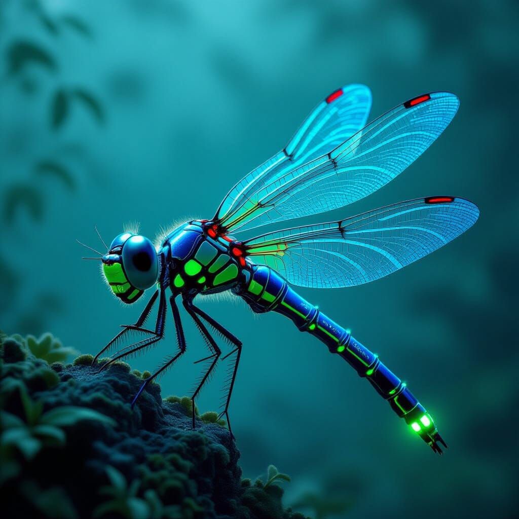 Bioluminescent Biomechanical Dragonfly with Glowing Circuits