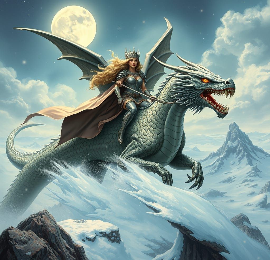 Valkyrie on Dragon in Windswept Landscape