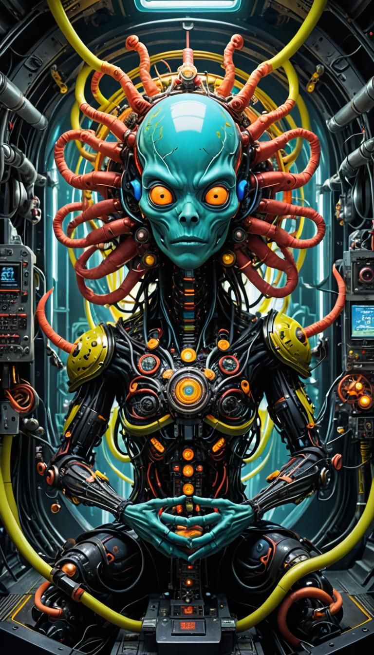 Cyberpunk Alien Meditator in Neon Mechanical World