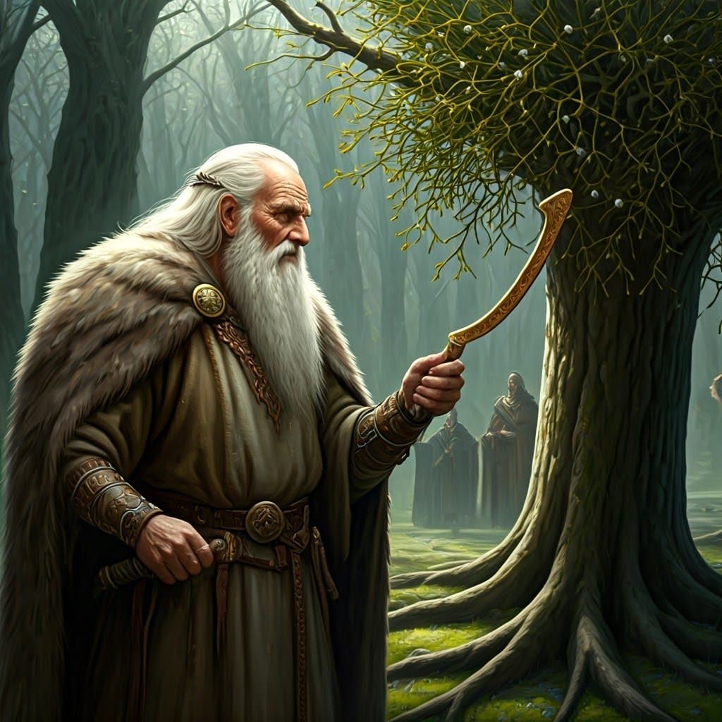 Celtic Druid Harvests Mistletoe with Golden Sickle