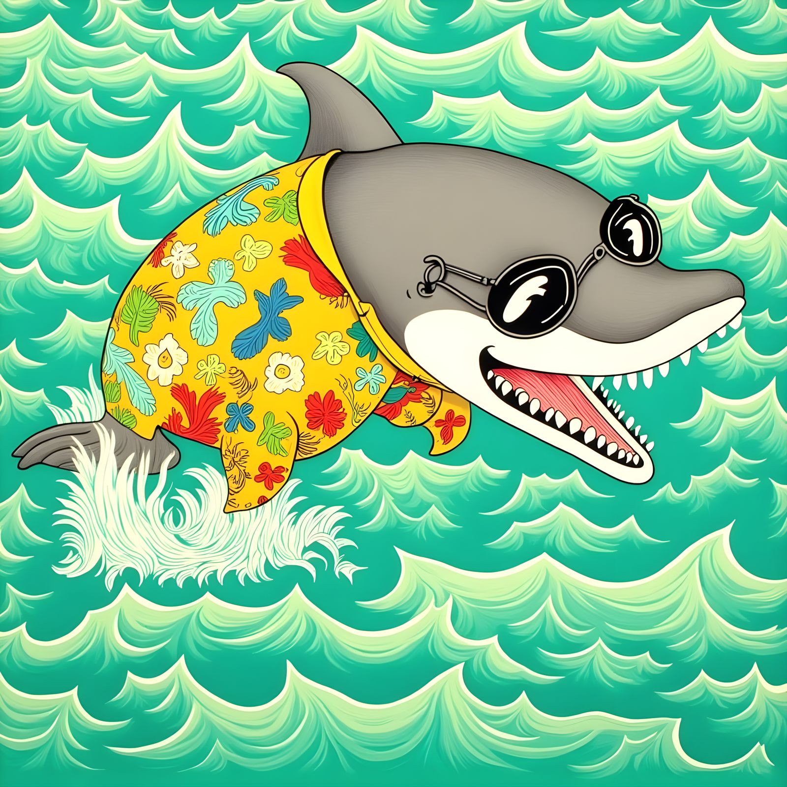 Whimsical Woodcut Dolphin Leaping into Joy