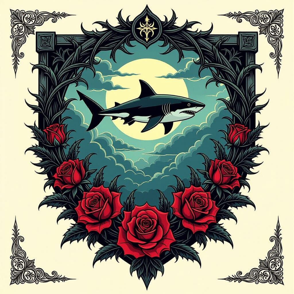Gothic Family Crest with Shark and Roses