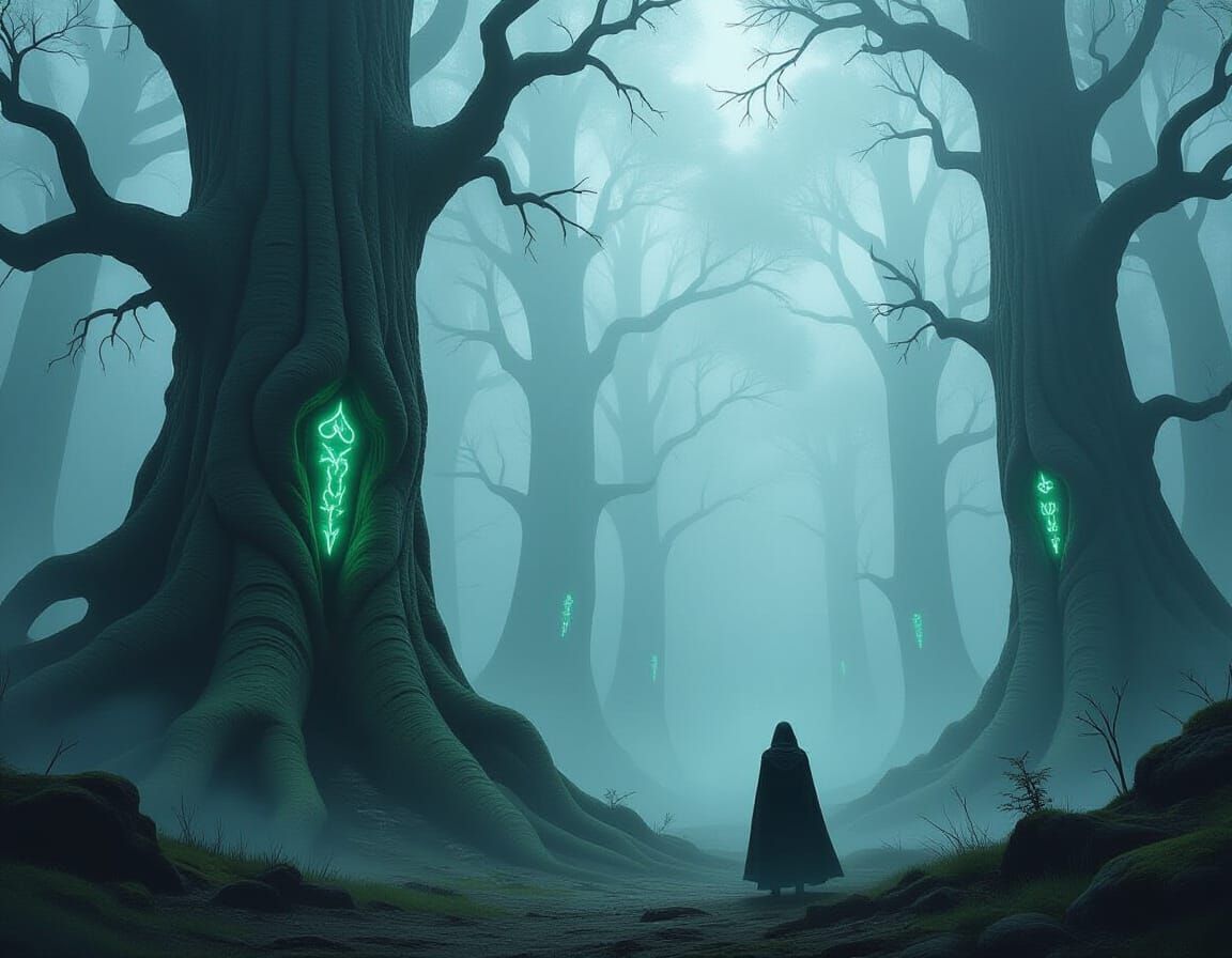 Mysterious Figure in Foggy Ancient Forest