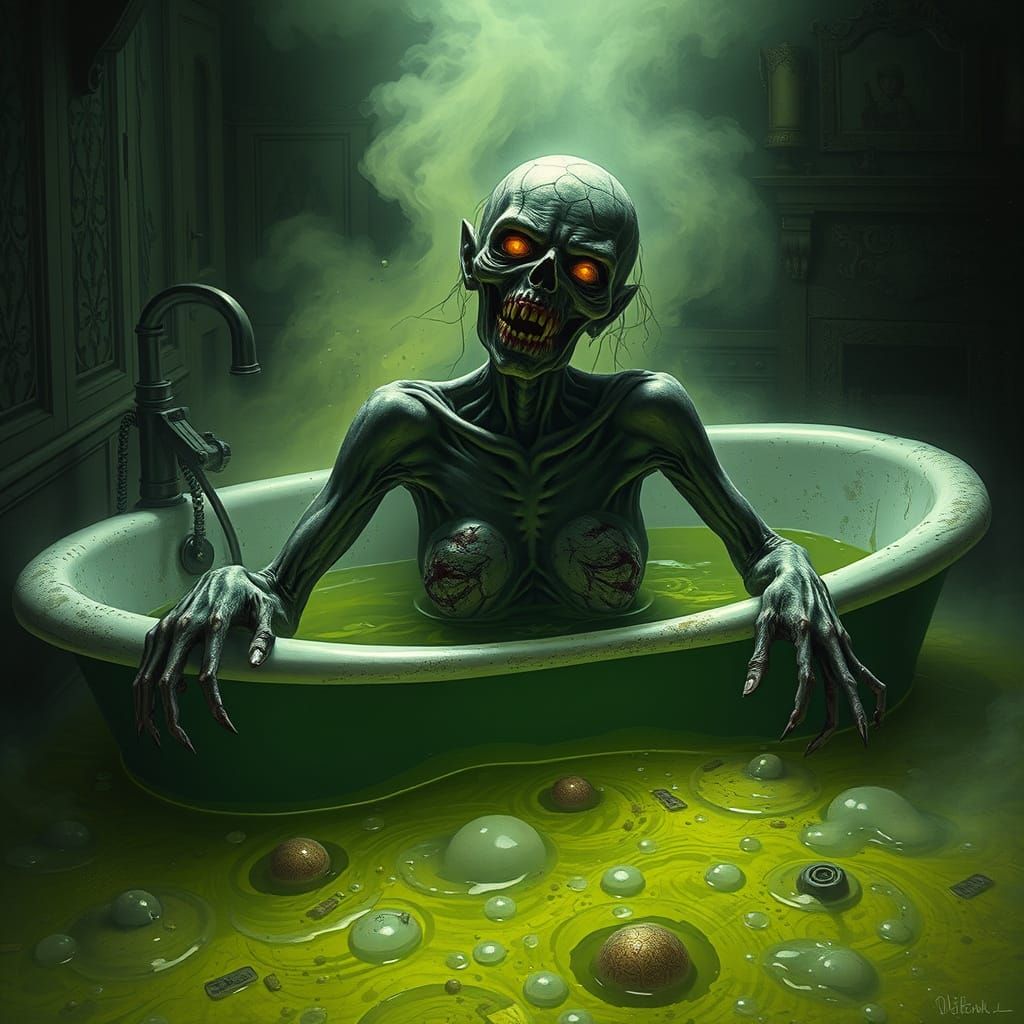 Gothic Horror Scene: Zombie Lady in Acidic Bath