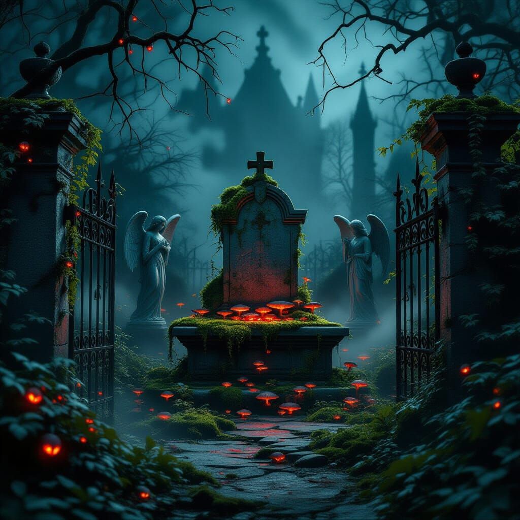 Creepy Overgrown Garden with Glowing Fungi