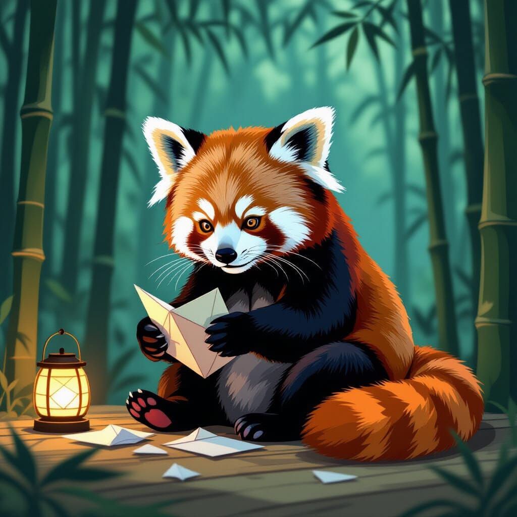 Red Panda Crafts Origami in Bamboo Forest