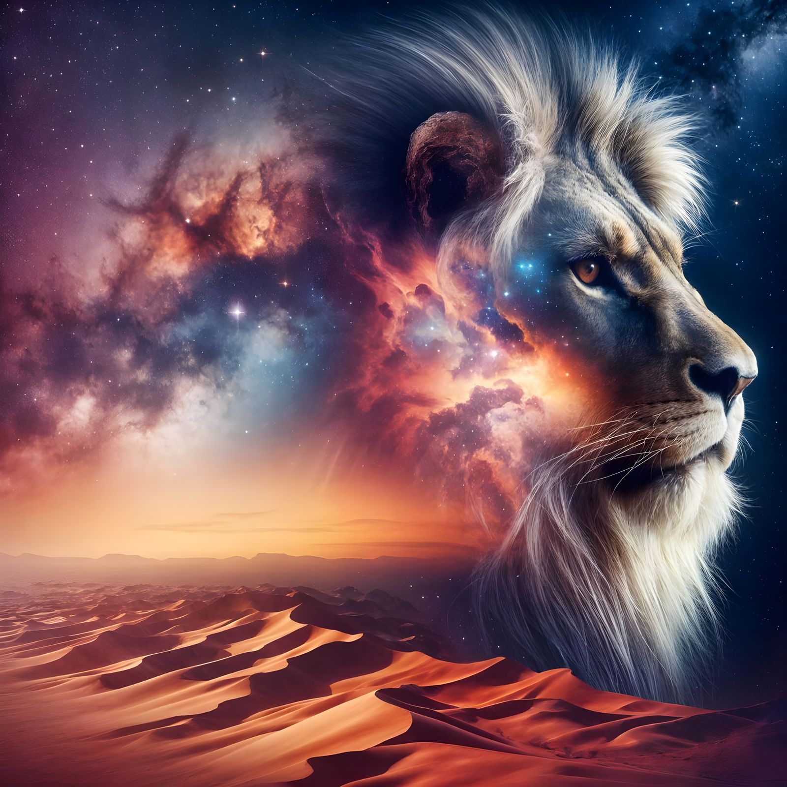 Surreal Lion Portrait Blending Desert Oasis and Celestial Ex...
