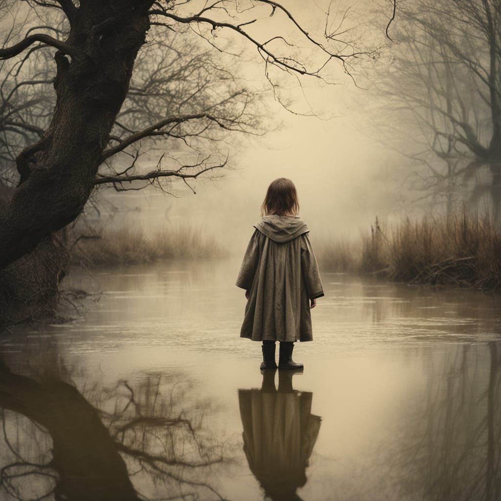 Victorian Girl in River: Gothic Romanticism Watercolor