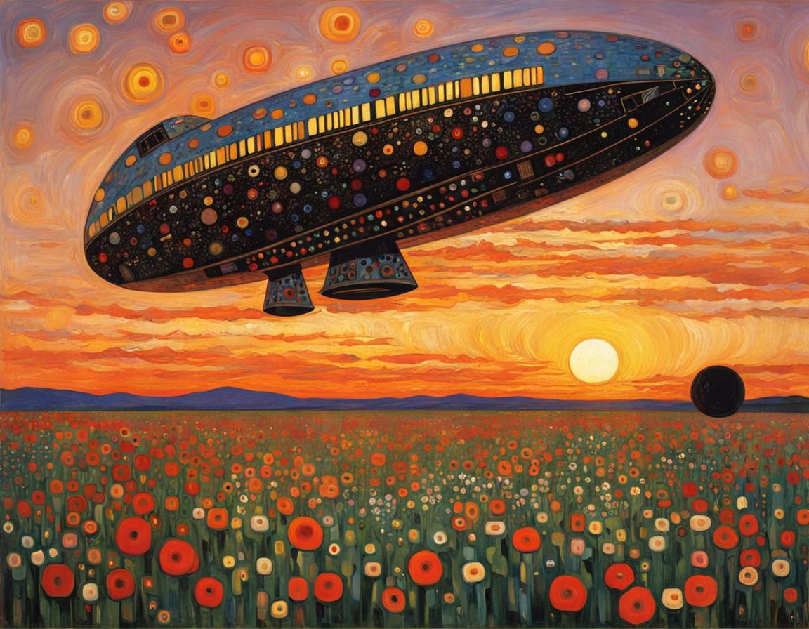Spaceship in Flower Field: Klimt-Inspired Sunset