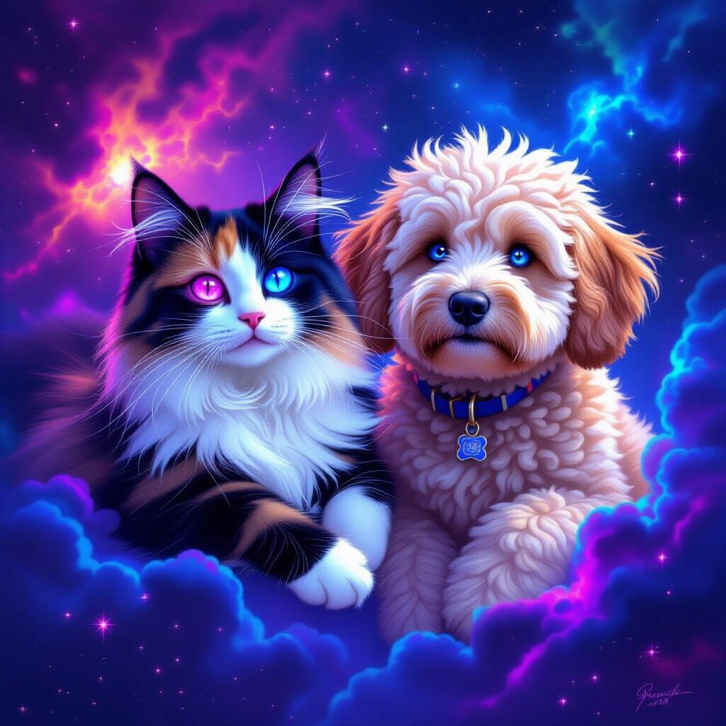 Cat and Dog Floating in Cosmic Nebula