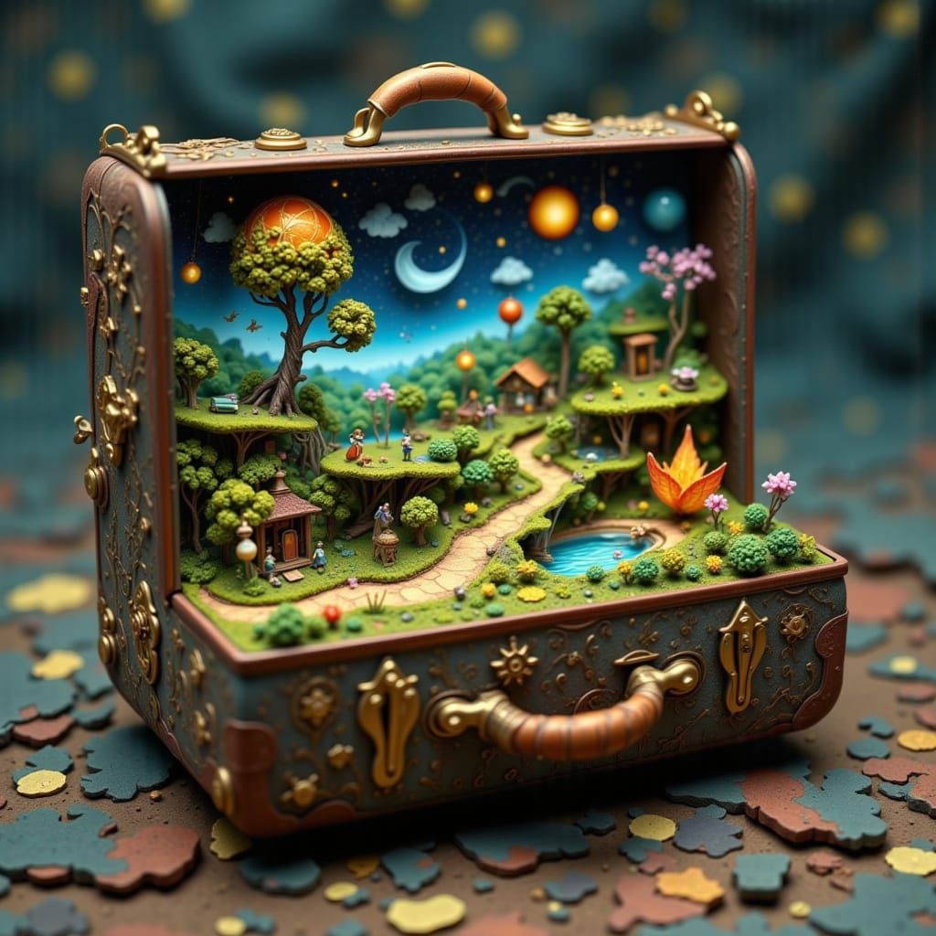 Miniature World Inside Suitcase Showing Time's Passage