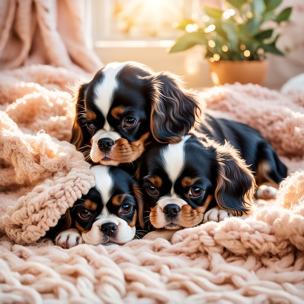 Cavalier Spaniel Puppies Cuddle in Pastel Fantasy Art