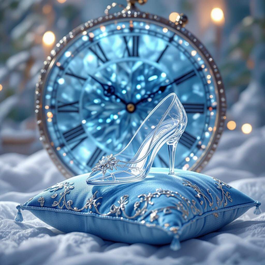 Glass Slipper Rests on Blue Pillow Beside Diamond Clock