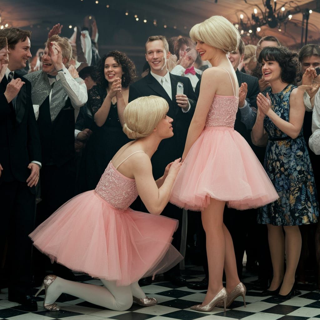 Crossdresser Kneels Handkissing Woman at Fancy Party