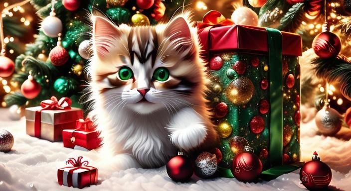 Surreal Christmas Kitten in Festive Home