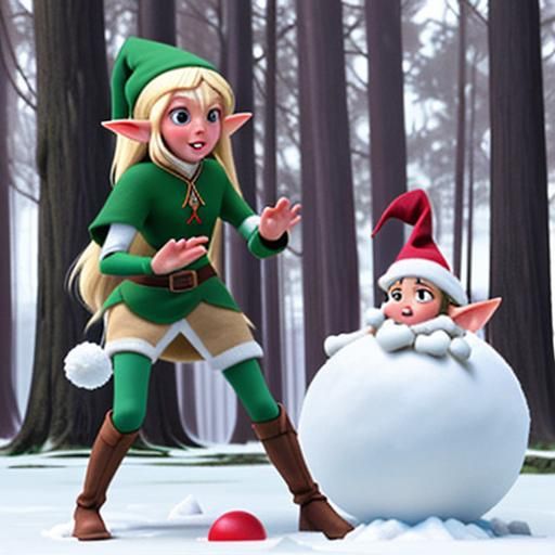 Elf Snowball Fight in Winter Scene
