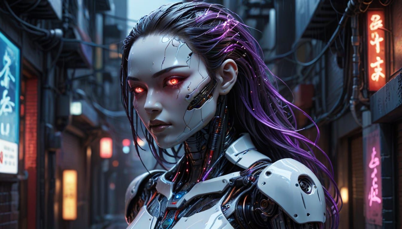 Cyberpunk Gynoid with Neon Alleyway - Hyperrealistic