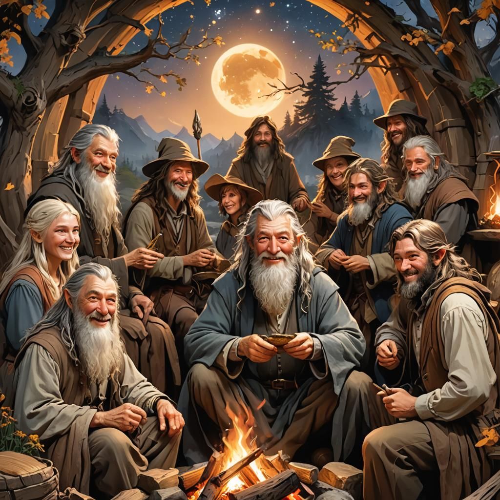 Gandalf and Hobbit Family Around Campfire