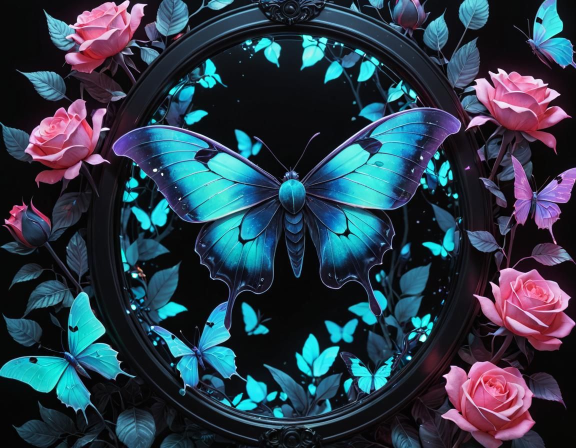 Holographic Luna Moth with Neon Roses
